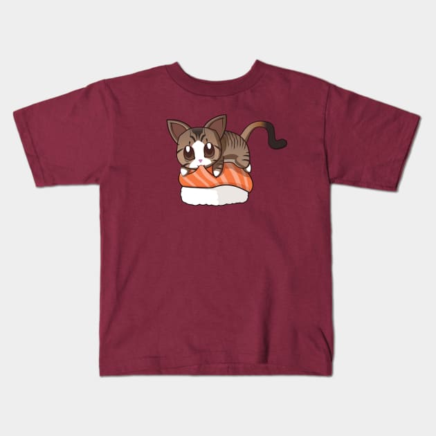 Brown Stripped Cat Salmon Sushi Kids T-Shirt by Myanko